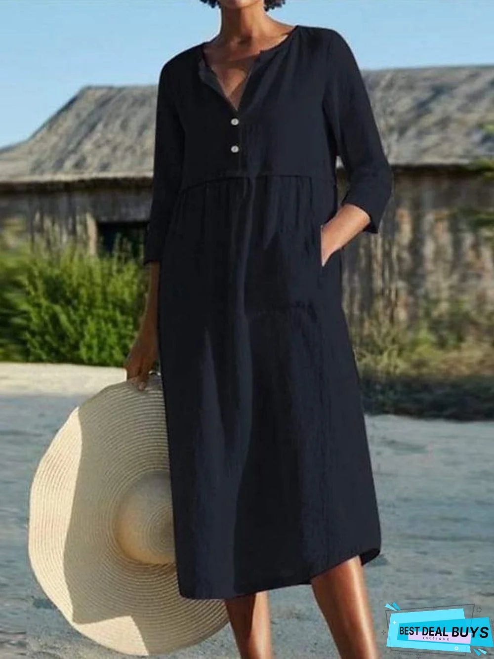 Women's A Line Dress Midi Dress Black Blushing Pink Wine Light Blue 3/4 Length Sleeve Solid Color Pocket Summer Shirt Collar Work Hot Casual Linen