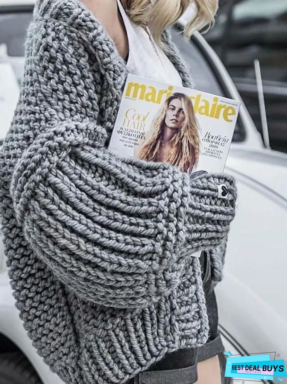 Fashion Knitting Solid Color Long Puff Sleeves Sweater