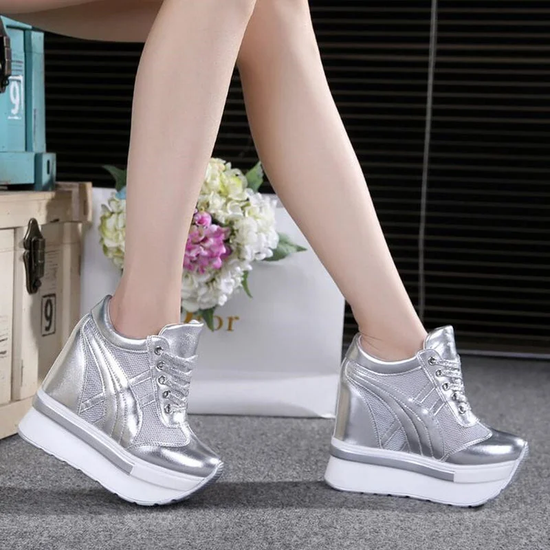 NEW Brand Women Mesh Platform Sneakers Trainers White Shoes 10CM High Heels Wedges Outdoor Shoes Breathable Casual Shoes Woman