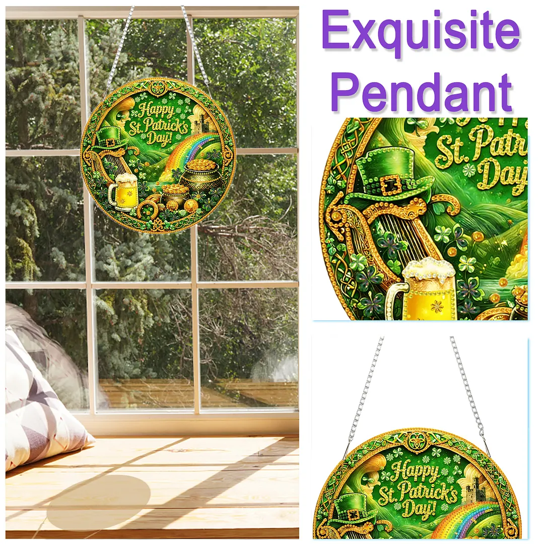 St Patricks Day DIY 2D Flat Acrylic Diamond Painting Kits 5D Diamond Art Painting Window Pendants for Home Garden Wall Decoration