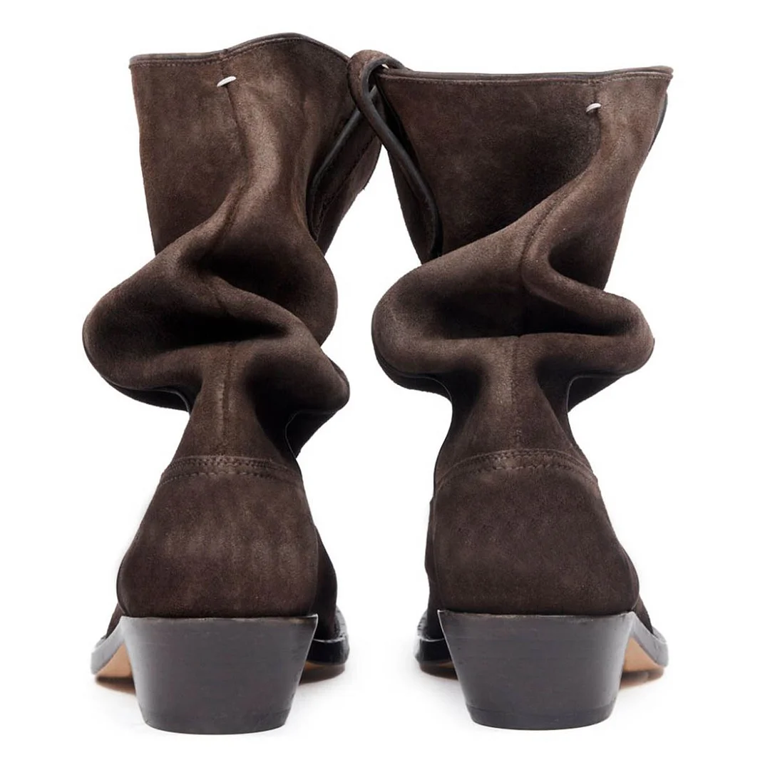 Faux Suede Brown Almond Toe Side Loops Block Heel Ladies Boots