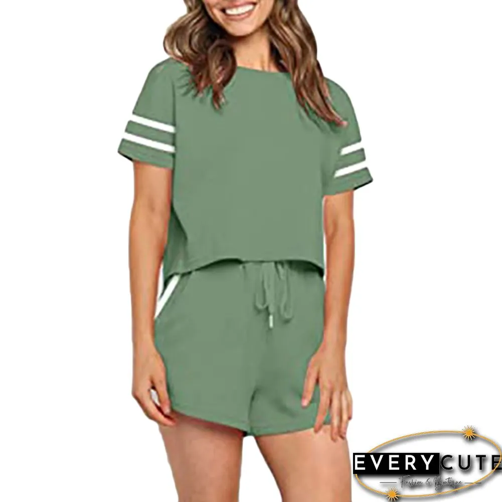 Pea Green Spliced Stripe Short Sleeve Loungewear Set