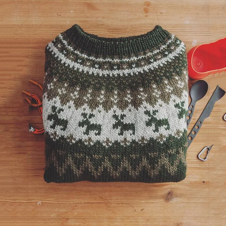 Vintage Christmas Elk Pattern Round Neck Comfy Sweater