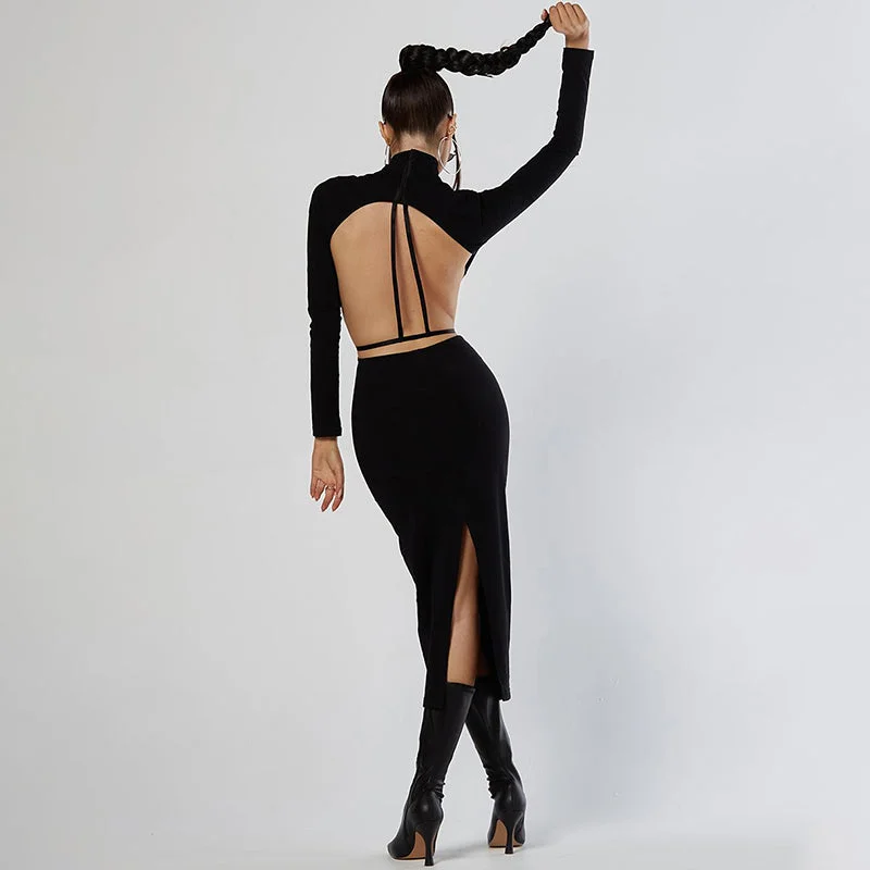 Sexy Women Backless Midi Dress Turtleneck Long Sleeve Elegant Slim Dresses 2022 Autumn Black Casual Basic Bodycon Robe