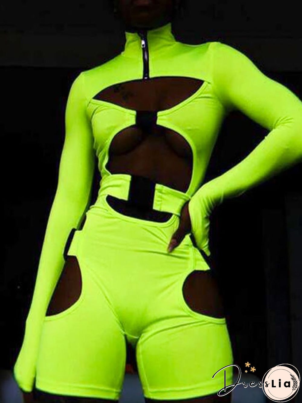 Women's Shorts Fluorescent Green Long Sleeve Jumpsuit