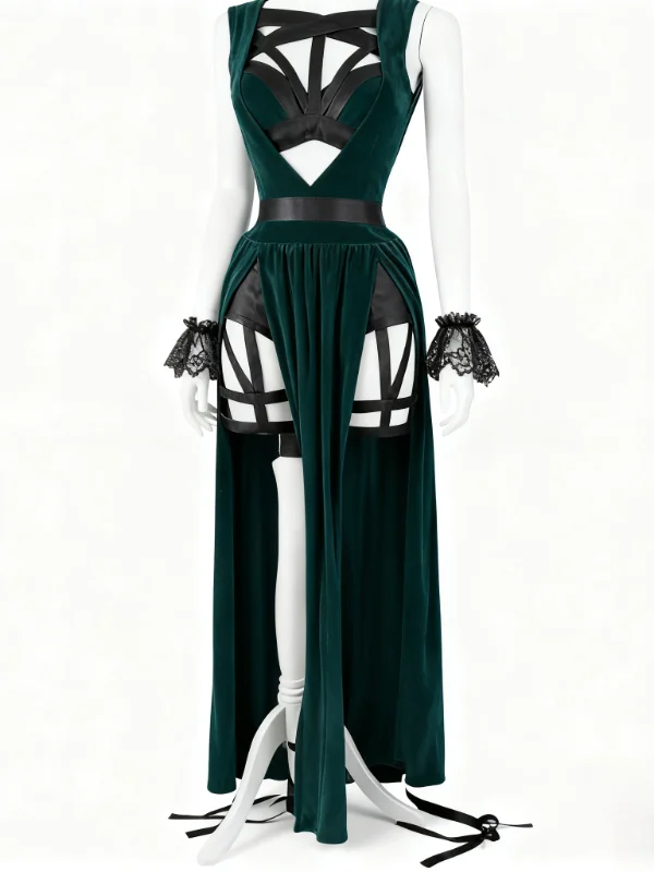 Gothic Dark Velvet Cutout Bandaged High Split Dress