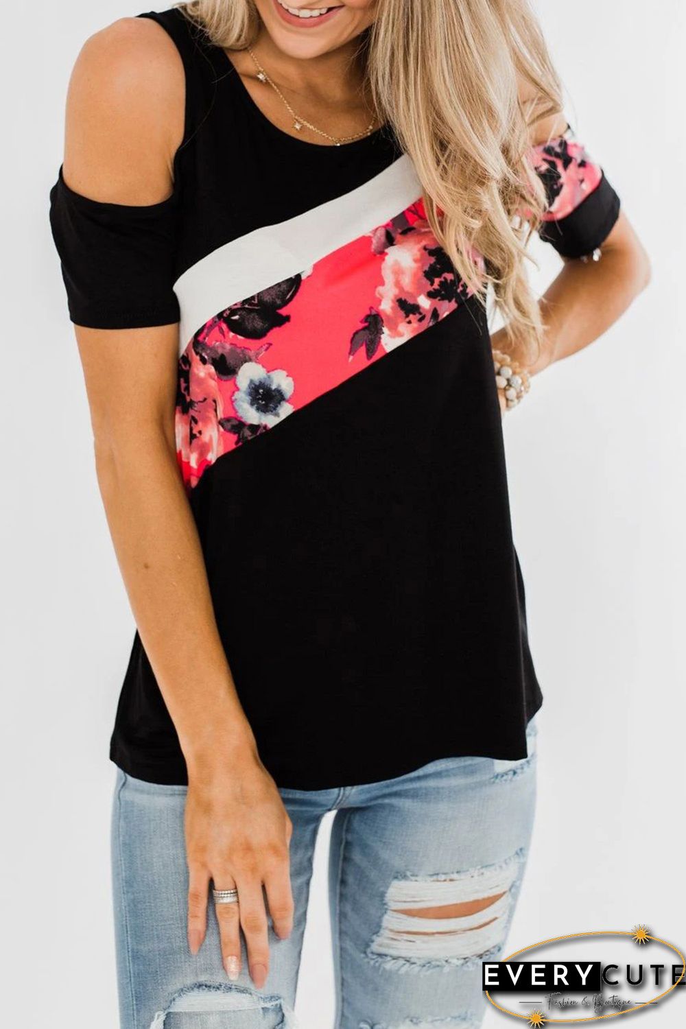 Floral Colorblock Cold Shoulder Top