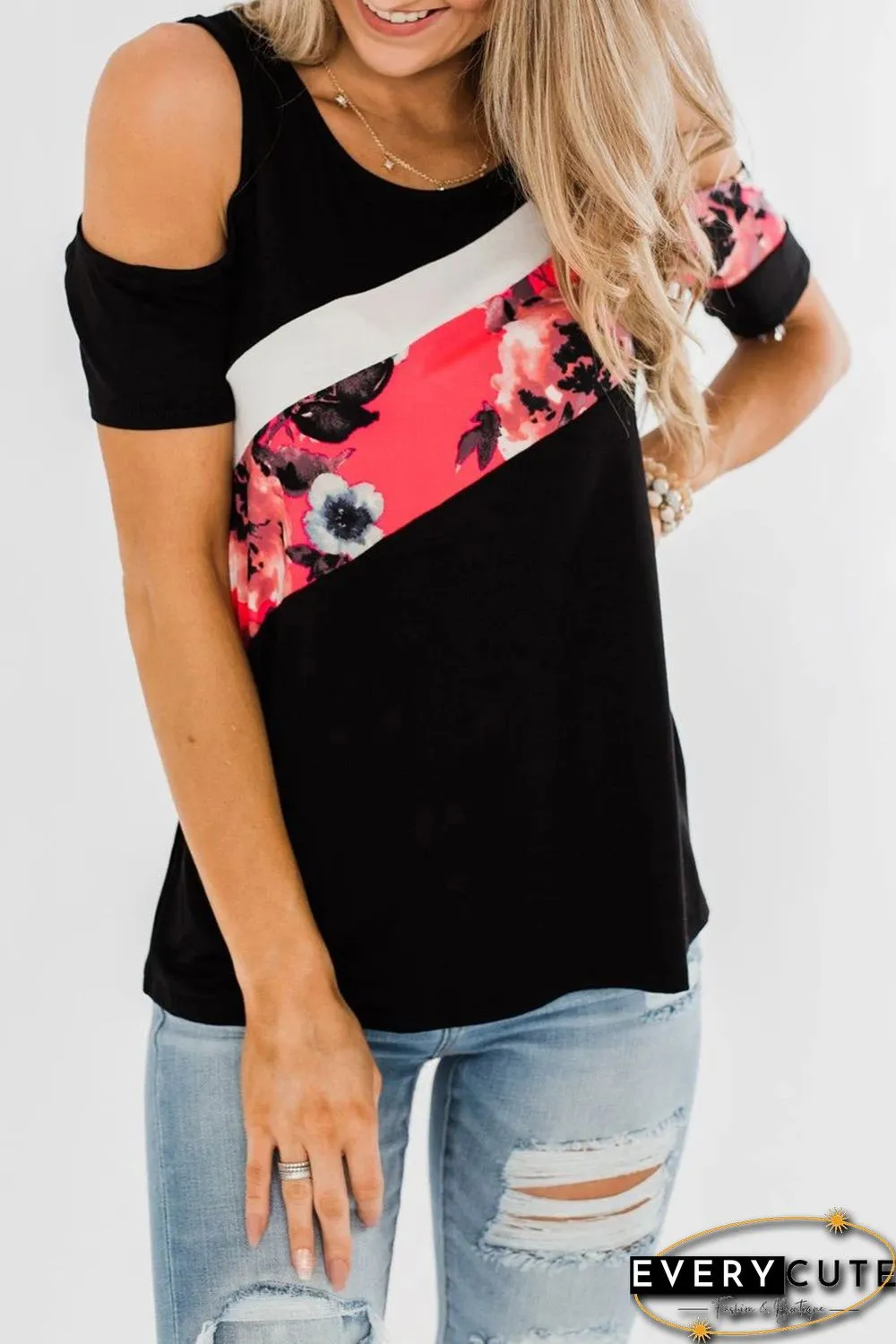 Floral Colorblock Cold Shoulder Top