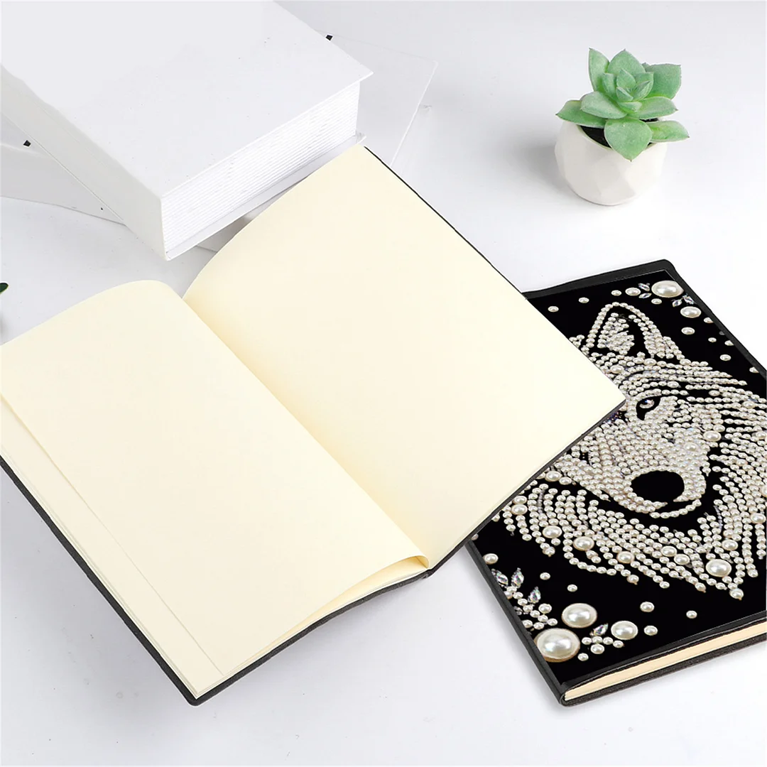 Wolves Partial Pearl DIY 50 Pages A5 Diamond Painting Notebook Special Shaped Diamond Art Diary Book Kits Wireless Strip 5D Crystal Art Paintings Sketchbook for Art Drawing