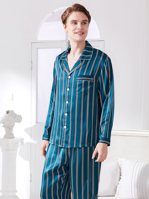 Peacock Blue Stripes Long Sleeves Men's Silk Pajamas
