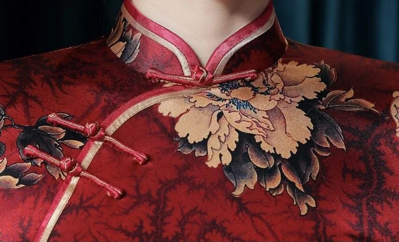 19 mome mulberry silk, floral pattern high end long Qipao