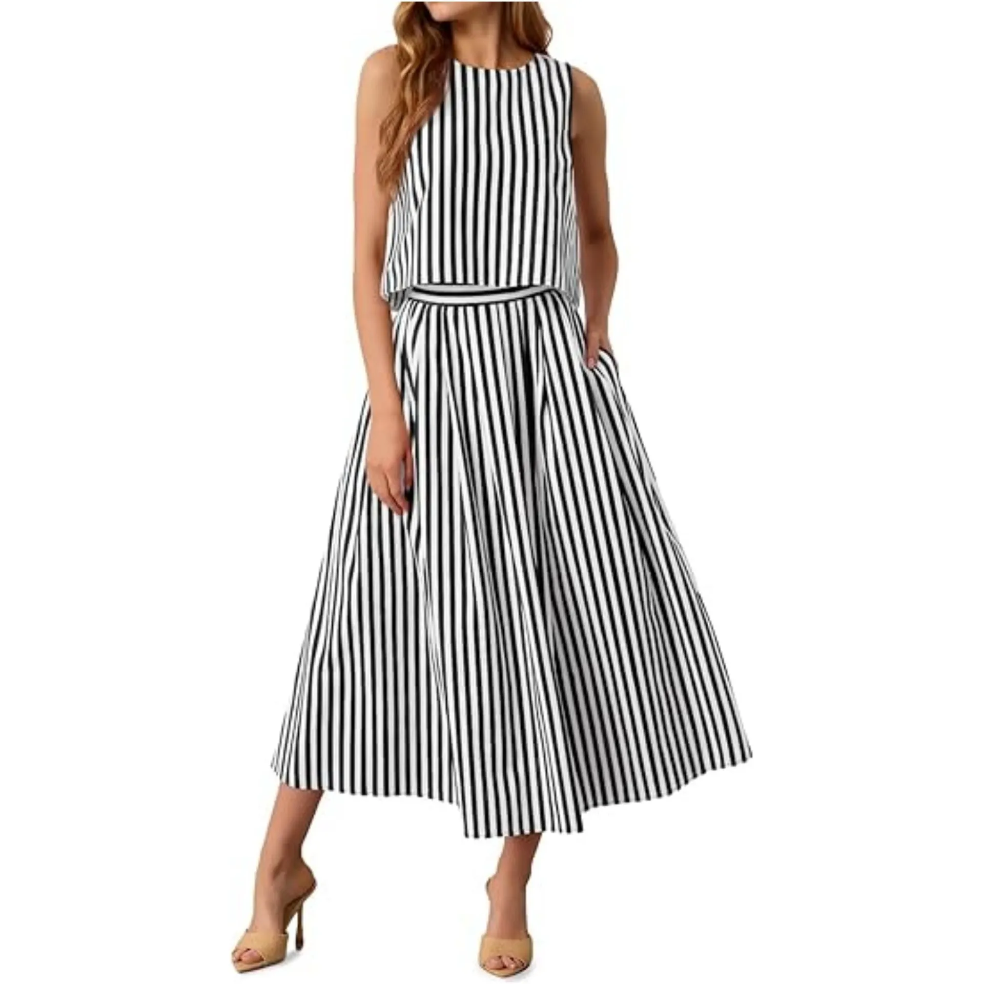 Women's Striped 2 Piece Outfit Sleeveless Crop Top & Midi Skirt Set