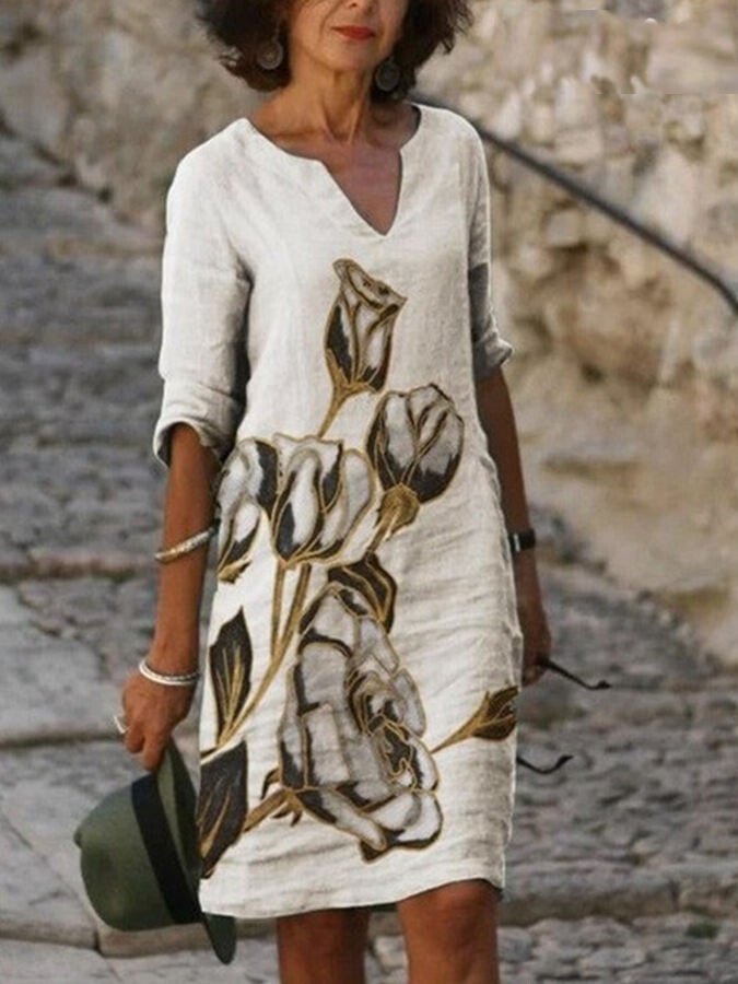 Women's Fashion Print V-Neck Half-Sleeve Mid-Length Dress
