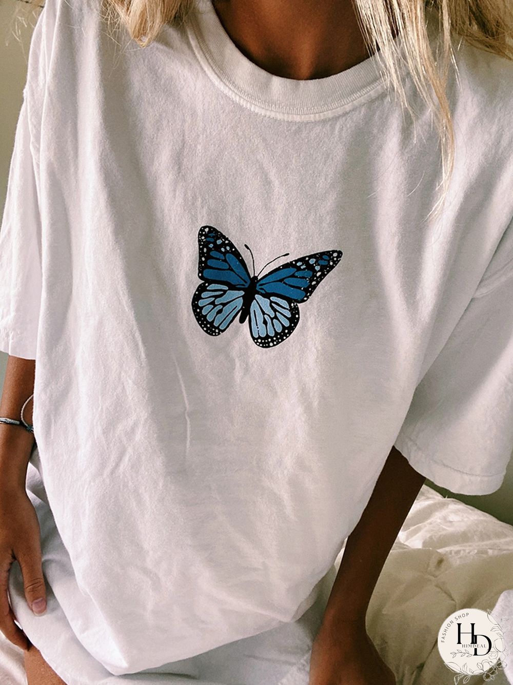 Casual Round Neck Short Sleeve Butterfly Print T-Shirt