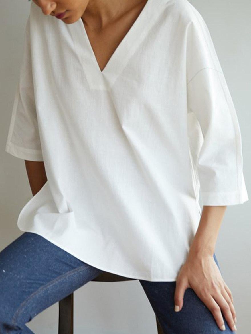 Cotton Linen V-Neck Solid Color Three-quarter Sleeve Shirt | EGEMISS