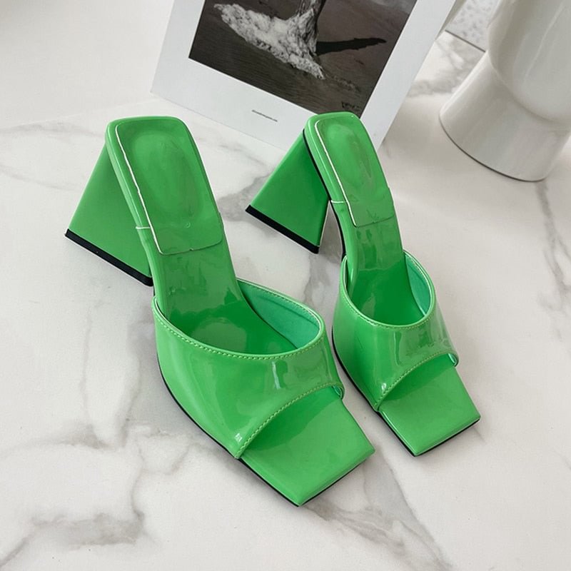 SUOJIALUN 2022 New Summer High Triangle Square Heels Women Slipper Fashion Peep Toe Slides Ladies Elegant Outdoor Dress Sandals