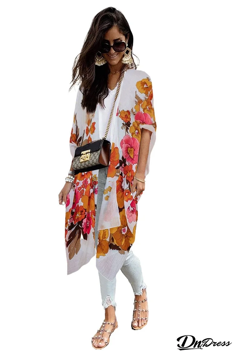 Multicolor Kimono Sleeve Floral Print Graceful Cover Up