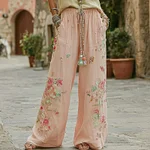 Women's Vintage Bohemian Floral Pattern Casual Linen Pants - Image 2