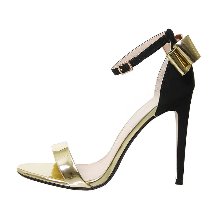 Gold Metallic Bow Ankle Strap Open Toe Stiletto Sandals Vdcoo