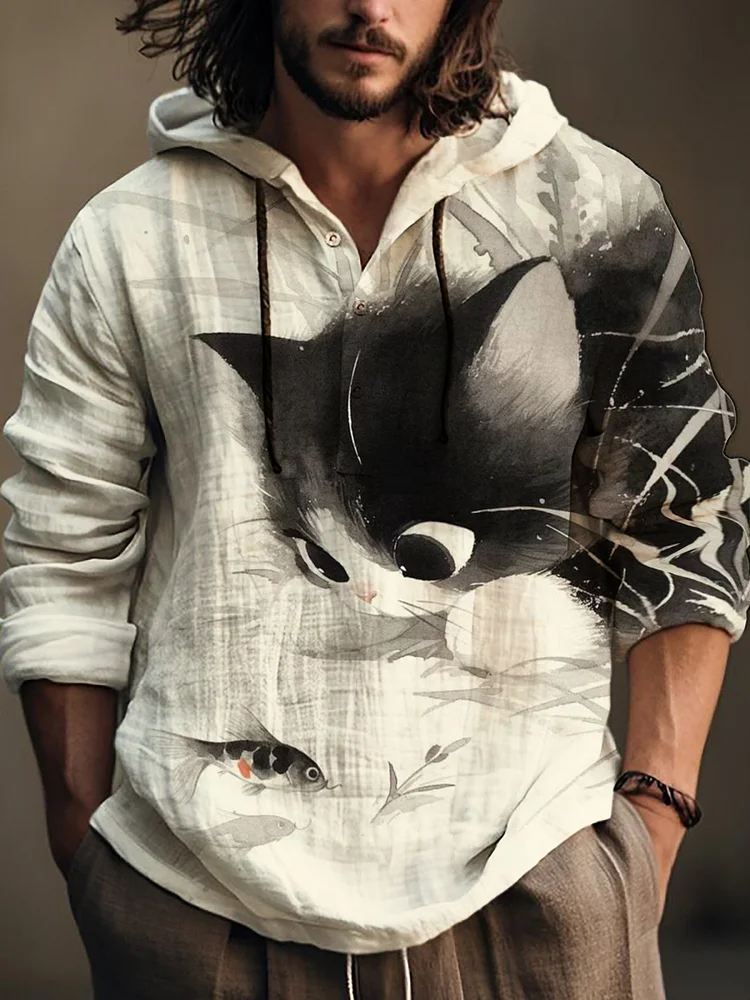 Men's Ink Art Cat and Goldfish Print Hooded Shirt