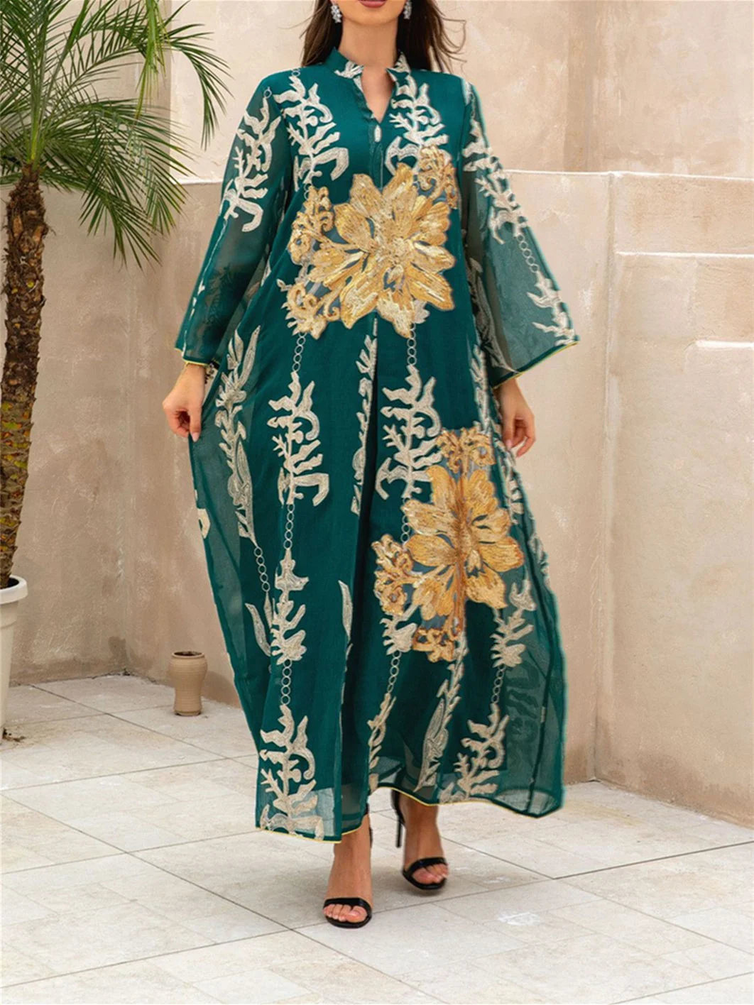 Women's Long Sleeve V-neck Embroidery Floral Sequins Chiffon Maxi Dress