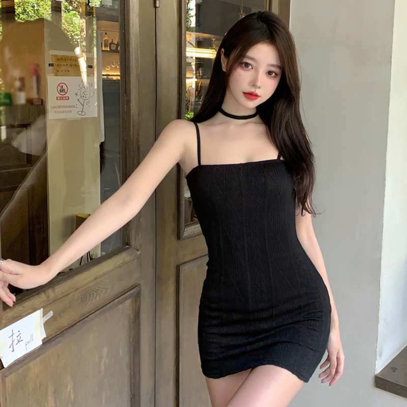 Women's Summer Knitted Suspender Sleeveless Dress Vintage Slim Solid Color Package Hip Short Dress Tight Bottom Dresses