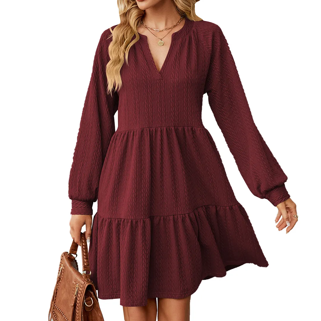 Churchf Churchf Autumn And Winter New V Collar Small Twist Pure Color Long Sleeve Loose Casual Dress Female