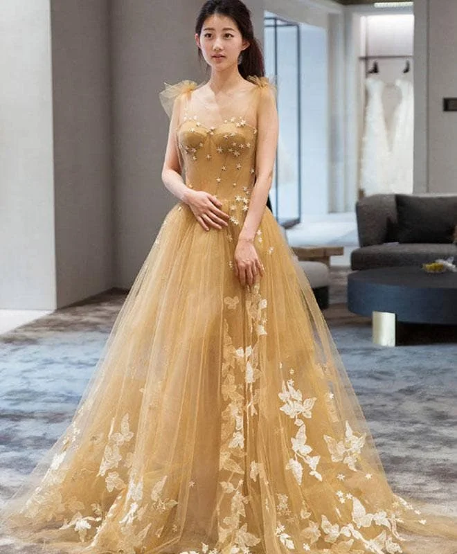 Champagne Tulle Lace Long Prom Dress, Tulle Lace Evening Dress
