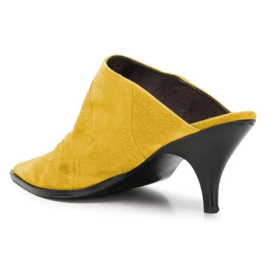 Yellow Kitten Heel Slip-On Pointed Toe Women's Mules Shoes