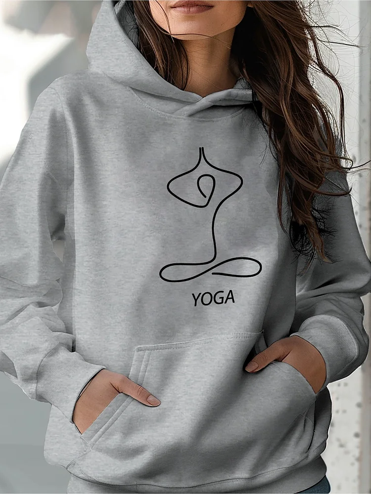 Women's Y2k Streetwear Hoodie - Long Sleeve Pullover Sweatshirt With Yoga Graphic, Light Grey Gym-To-Casual Outfit, Relaxed Fit Kangaroo Pocket Sweater For Yoga & Casual Attire, Machine Washable Polyester, Comfortable Leisurewear, Durable Fabric