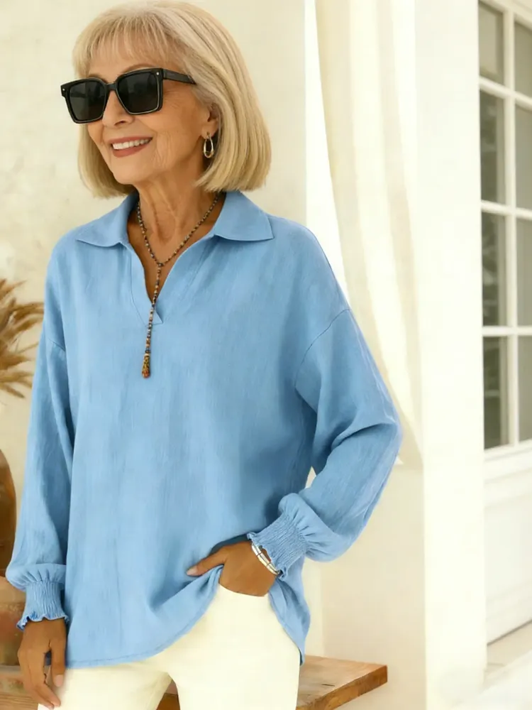 Pure Cotton Solid Color Casual Loose Fashion Lapel Long-sleeved Top