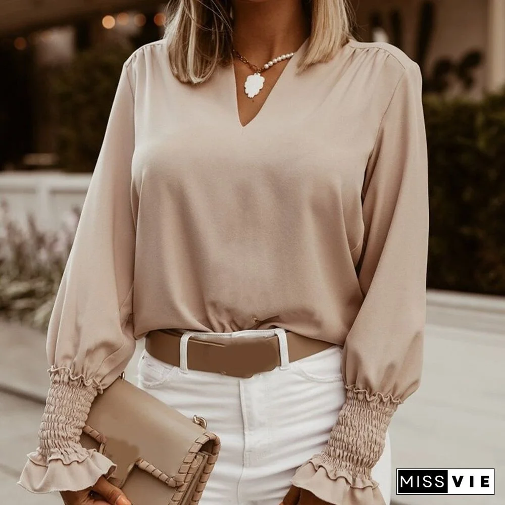 Women Autumn Long Sleeve V-Neck Pullover Tops Polka Dot Ruffle Blouse Shirts