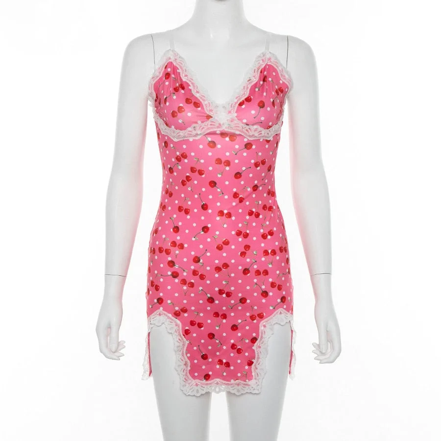 Women Sexy Mini Dress Suspender Sleeveless Dress Fashion Ladies Cherry Printing Lace Trim V-neck Split Tight Dress Cherry Dress