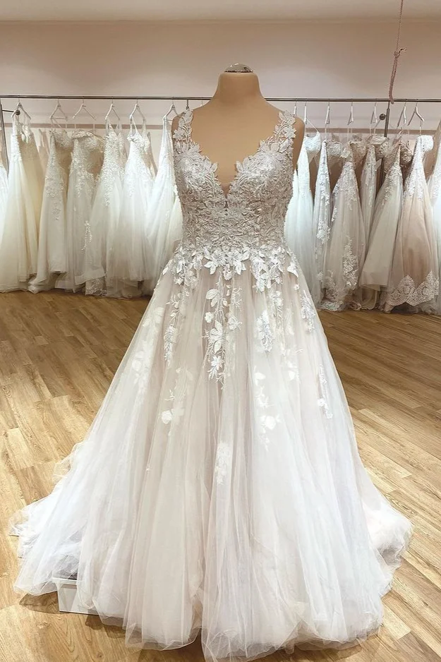 A-Line Sweetheart Tulle Ruffles Long Wedding Dress With Appliques Lace
