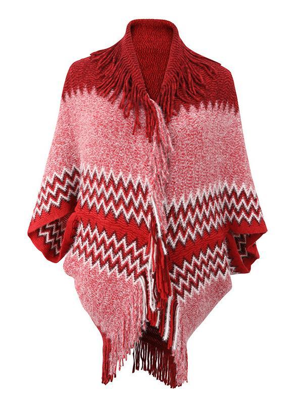 Women's V-neck 3/4 Sleeve Knit Shawl Fringed Hem Colorblock Sweater Top