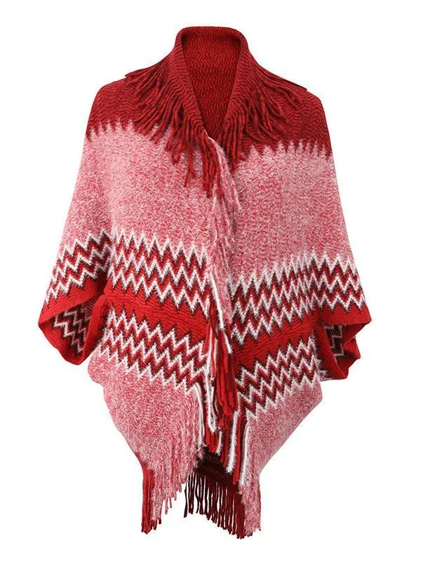 Women's V-neck 3/4 Sleeve Knit Shawl Fringed Hem Colorblock Sweater Top