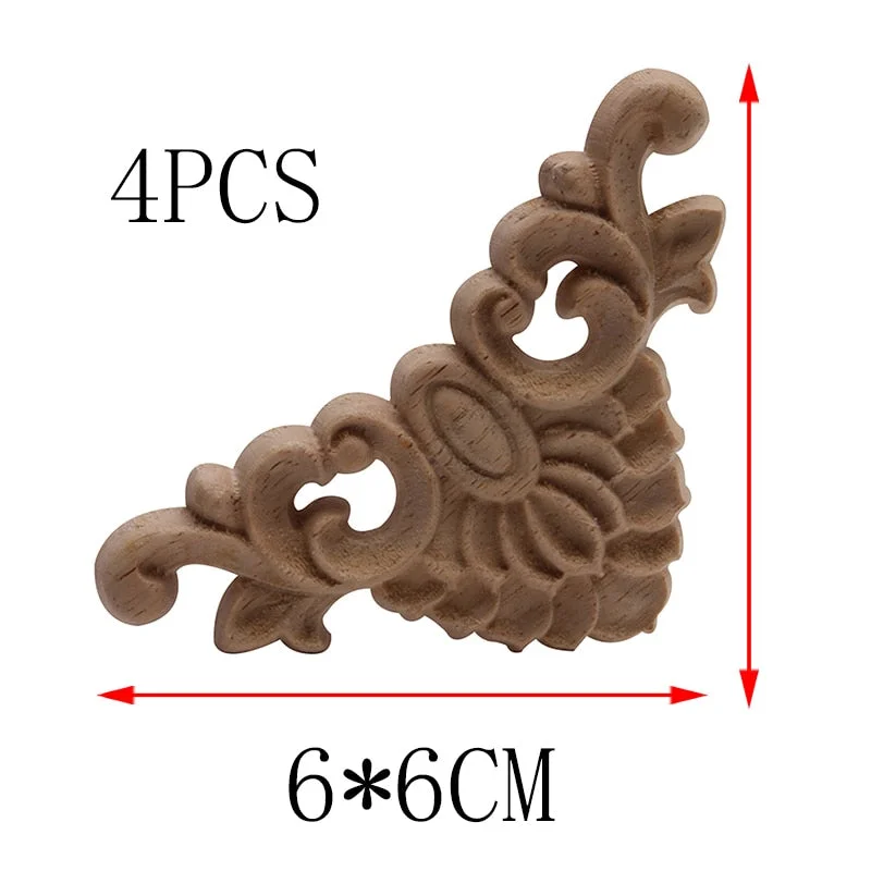4PCS Unpainted Wooden Mouldings Decal European Wood Appliques for Furniture Cabinet New Flower Wood Carving Decorative Figurine