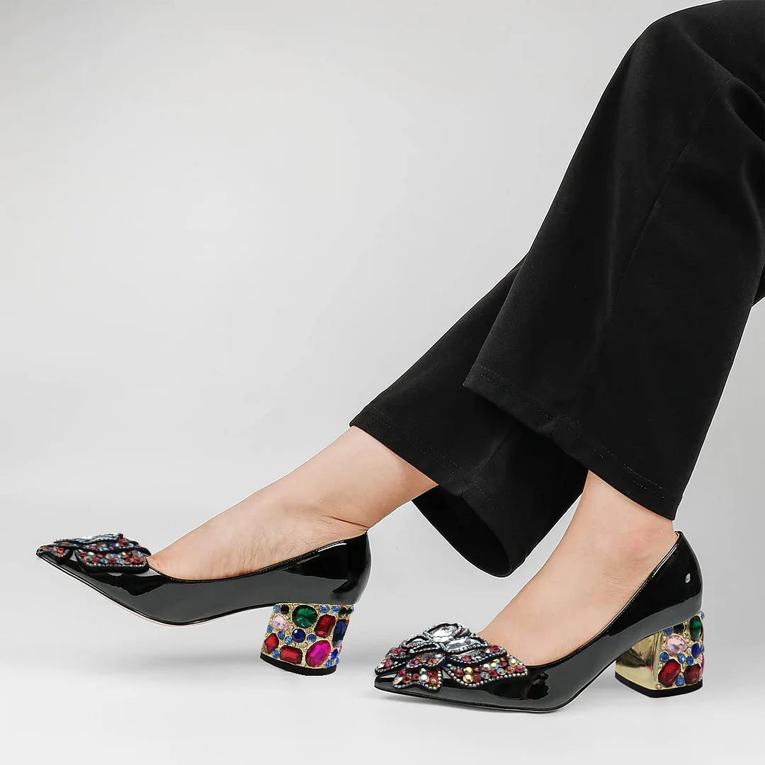 Patent Leather Pointed Colorful Rhinestone Butterfly Pumps in Black