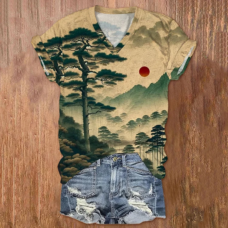Women's Crimson Dusk in the Pine Forest Japanese Art Print Casual T-Shirt