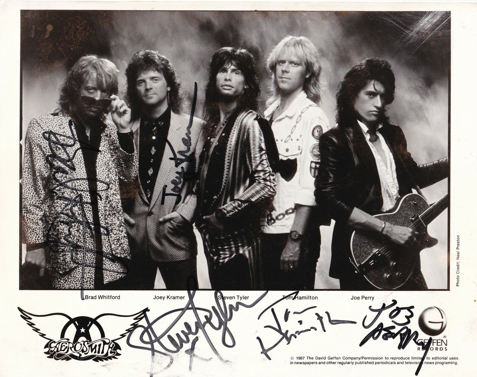 Aerosmith REAL hand SIGNED 1987 Promo Photo Poster painting JSA LOA by Steven Joe Joey Tom Brad