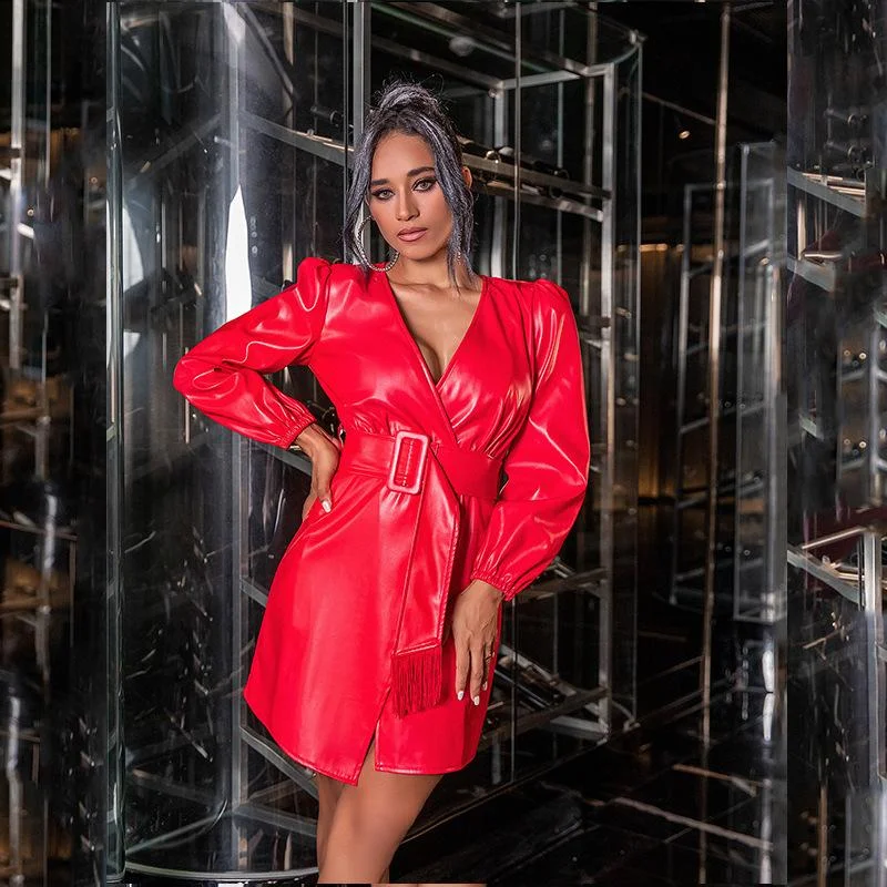 Sexy V neck leather mini dress with belt-zachics
