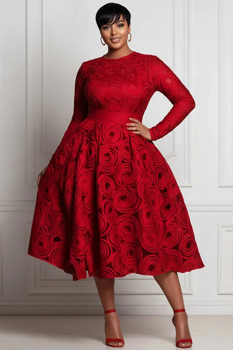 formal red dress plus size Xpluswear Design All Over Print Round Neck Long Sleeve Pocket Elegant Satin Midi Dresses Red-2XL/18-20 elegant red formal dress plus size