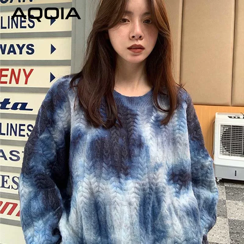 Huibahe Winter Streetwear Tie dye Knit Women's Sweater Loose Long Sleeve Wool Warm Sweaters Women Fashion Female Pullovers Tops