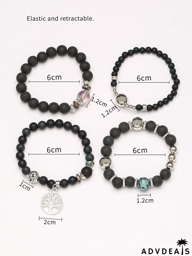 4pcs Tree Detail Round Charm Beaded Bracelet