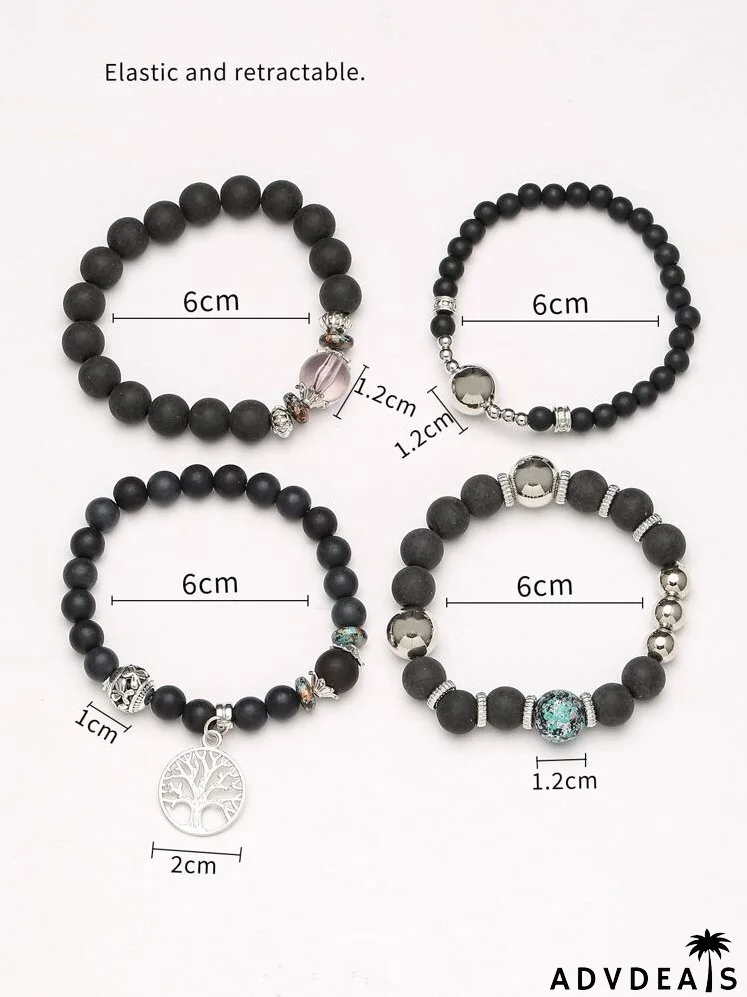 4pcs Tree Detail Round Charm Beaded Bracelet