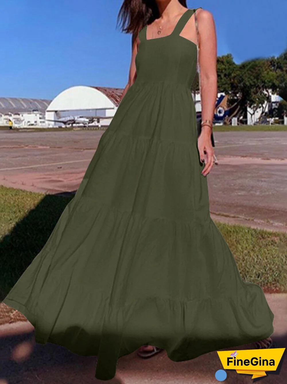 Solid Ruffle Zip Backless Sleeveless Vacation Casual Maxi Dress
