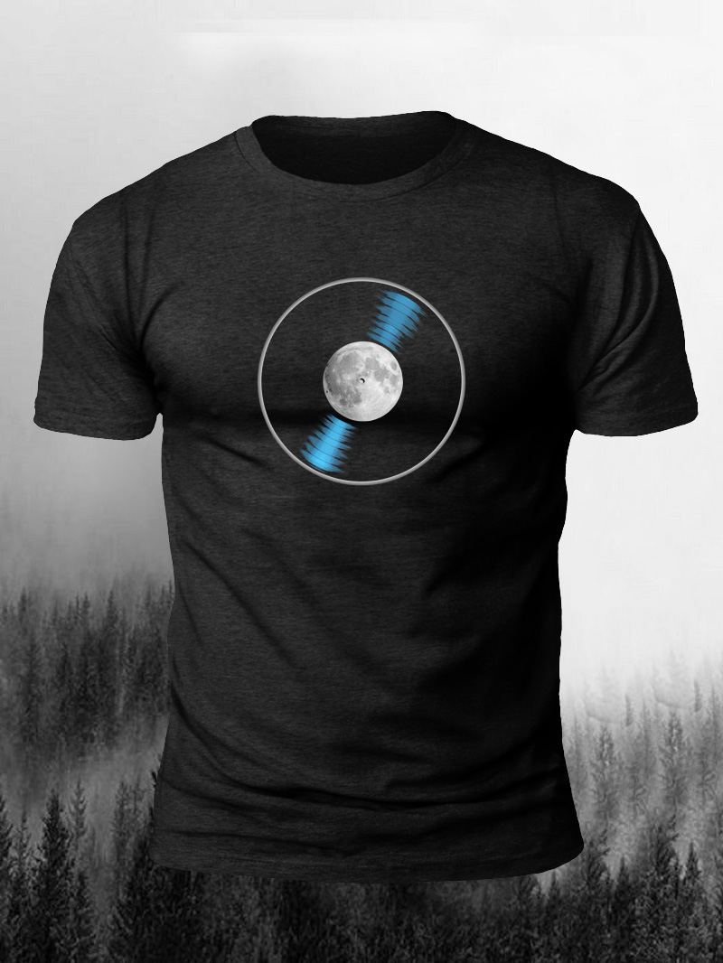 Full Moon Vinyl Record Music Printed Short Sleeve T-shirt