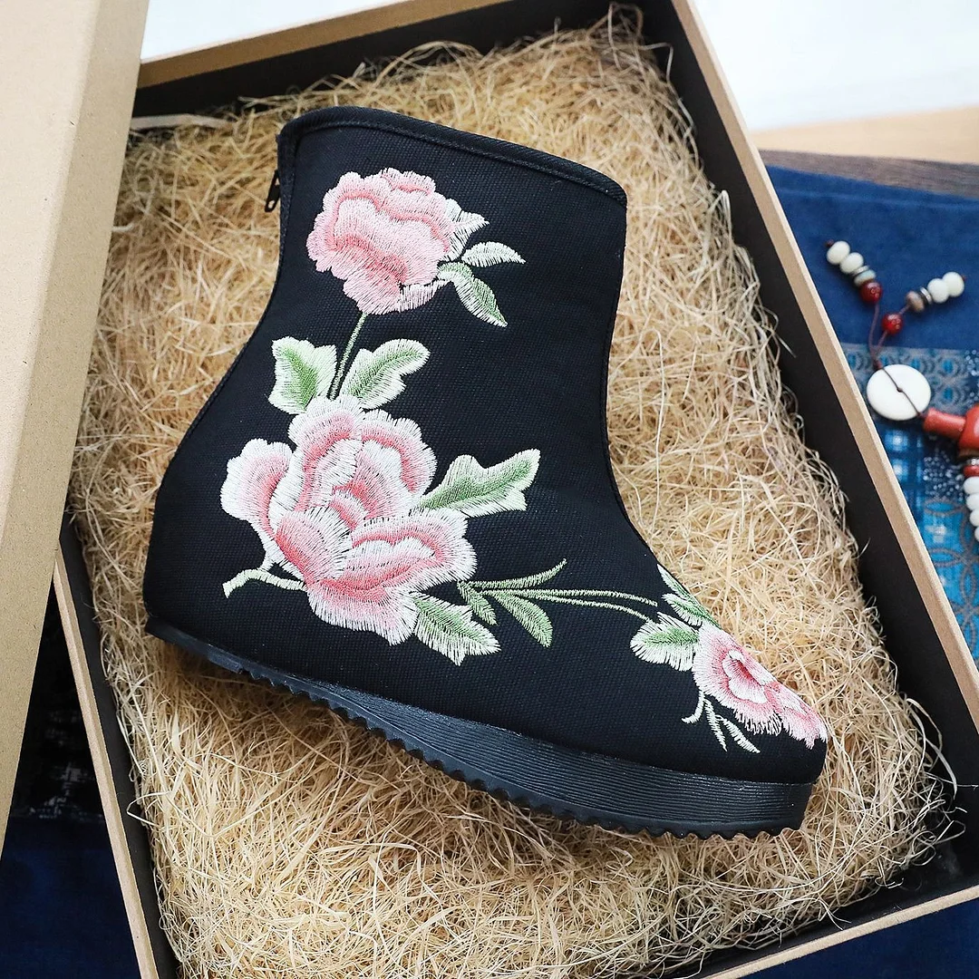 Breakj Breakj Boots Embroidered Cloth Boots Women Winter Clip Cotton And Velvet Short Boots With High Slope Heel And High Heel Embroidered Boots