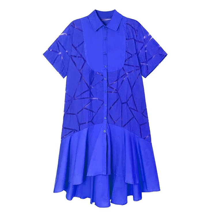 Temperament Loose Lapel Perspective Geometry Patchwork Ruffled Hem Short Sleeve Shirt Dress