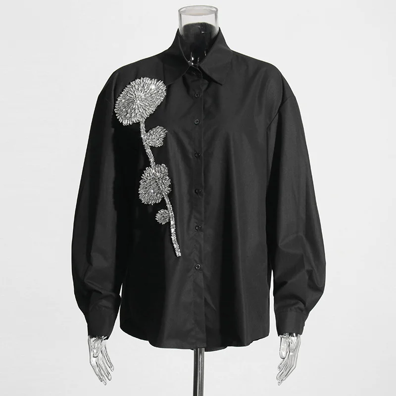 Zingj Fashion Casual Loose Thin Top Woman 2025 New Collar Heavy Industry Design Stitched Diamond Women's Shirt
